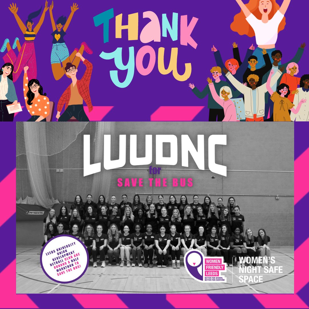 HUGE shout out to LUU Development Netball Club running Leeds Half Marathon this Sunday, raising donations for the continuation of Women’s Night Safe Space! Look out for the team with pink and purple ribbons and WFL badges! You can sponsor them here: justgiving.com/crowdfunding/L…