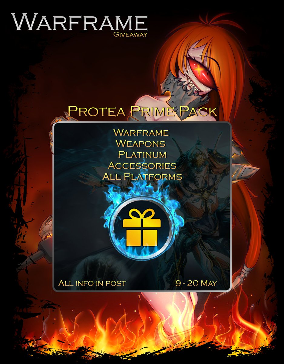 🔥Protea Prime Giveaway🔥
🔥Full pack🔥

Rules:

🔥 Follow this account and repost
🔥 Your ign and platform in comment
🔥 The winner will be chosen randomly 
🔥 9-22 May

Good luck :)
Thanks DE!

#Warframe 
@PlayWarframe
