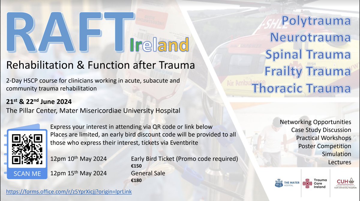 #OurMaterTeam @ThePillarDublin is looking forward to hosting a 2-day course on Rehabilitation & Function after Trauma on 21/22 June. The course is suitable for clinicians working in acute, subacute and community trauma rehabilitation. @ElaineHopkinsPT @MaterHSCPs @MaterTrauma