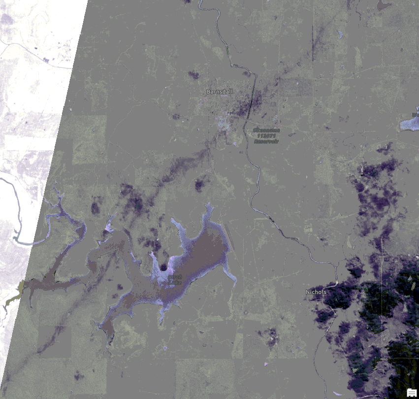 NWStulsa's tweet photo. [1050 AM 5/9/24] This imagery from European Space Agency Sentinel-2 shows the damage swath from the Barnsdall, OK EF-4 tornado from May 6 (dark line running from lower-left to upper-right). #okwx (1 of 2) https://t.co/jrroXbe8S2