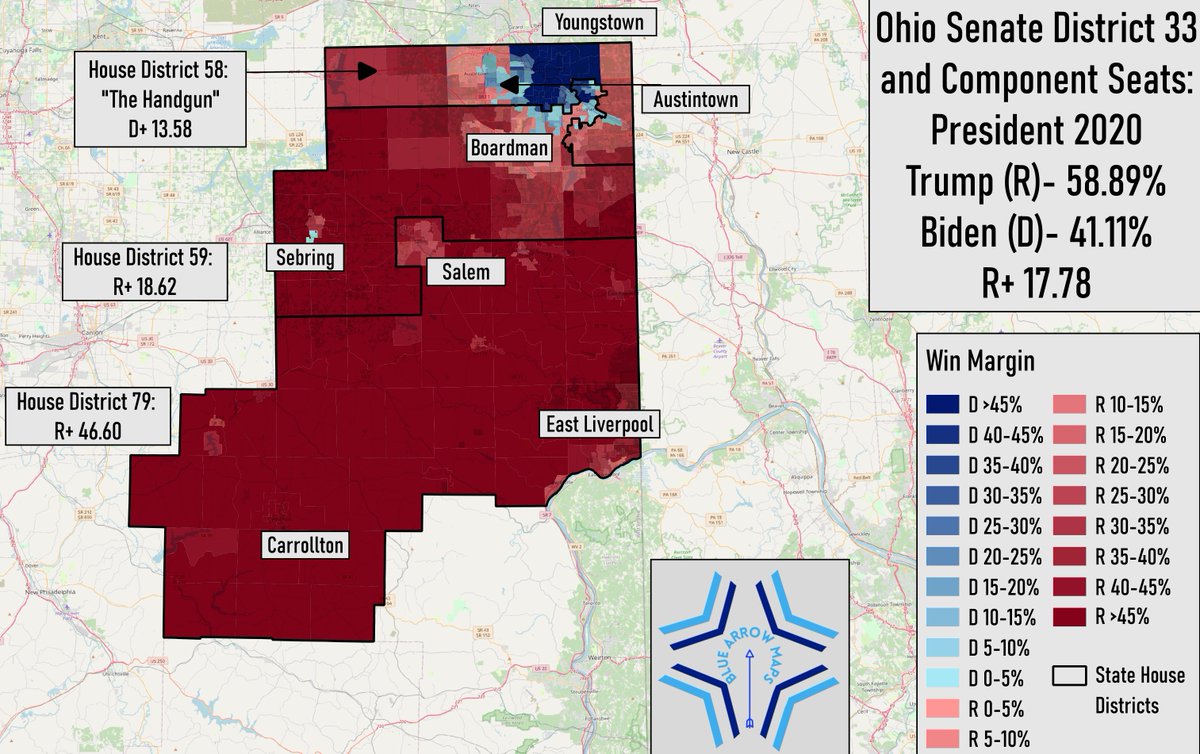 Ohio's 33rd Senate District remained the same after the recent round of redistricting, but its component seats changed substantially. The 58th district now leans Democratic, and coincidentally looks like a handgun instead of a hook #ElectionTwitter
