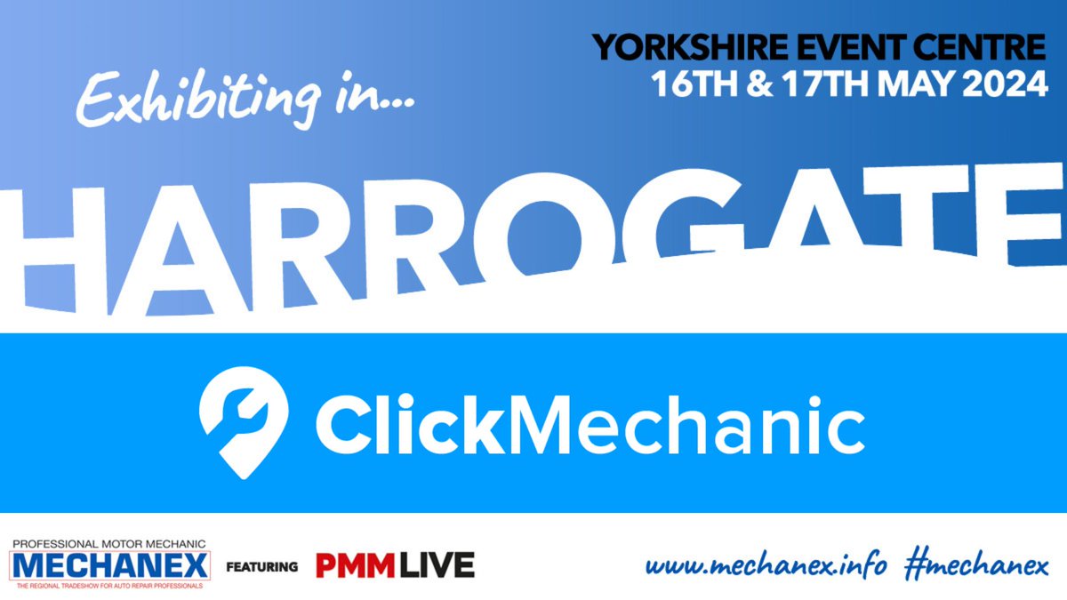 We're happy to announce that we'll be exhibiting at Mechanex Harrogate 2024! 

It's happening on the 16th and 17th of May at the Yorkshire Event Centre and tickets are FREE! 

Register with ClickMechanic and get your free tickets here: bit.ly/3JS2Tzp