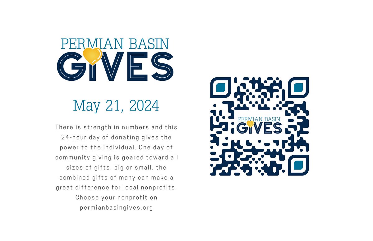 Permian Basin Gives is coming up on May 21st! This is a one-day event encouraging area residents to create meaningful impact through the nonprofits that serve our community!

For more information please visit the website at permianbasingives.org.
🤩🫱🏼‍🫲🏽