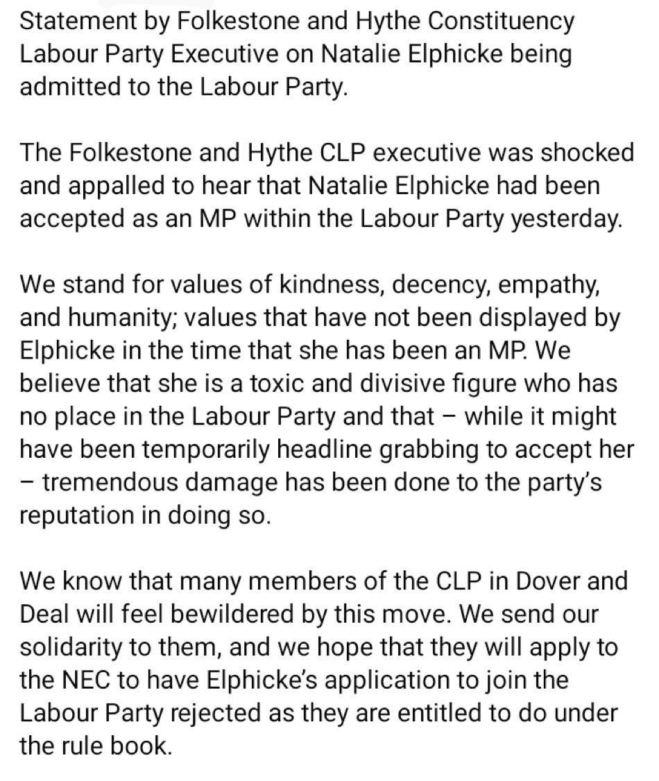 Natalie Elphicke's neighbouring constituency Labour party issues a statement saying they are 'shocked and appalled' by the admission of such a 'toxic and divisive' figure into their party, and urge Labour members in Dover to apply for her membership to be rejected.