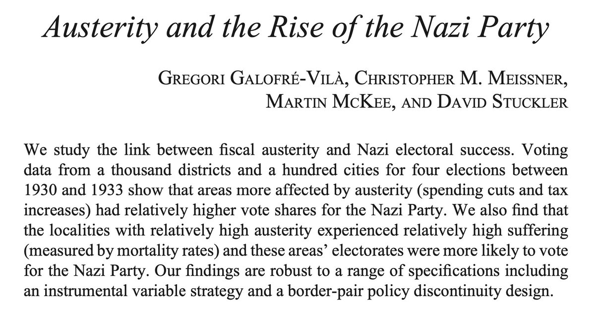 Here is a recent peer-reviewed publication showing that fiscal consolidations are robustly related to the rise of right-wing parties: direct.mit.edu/rest/article-a… For🇩🇪audience: how fiscal consolidation in early 1930s was an electoral boost for the Nazi party: cambridge.org/core/journals/…