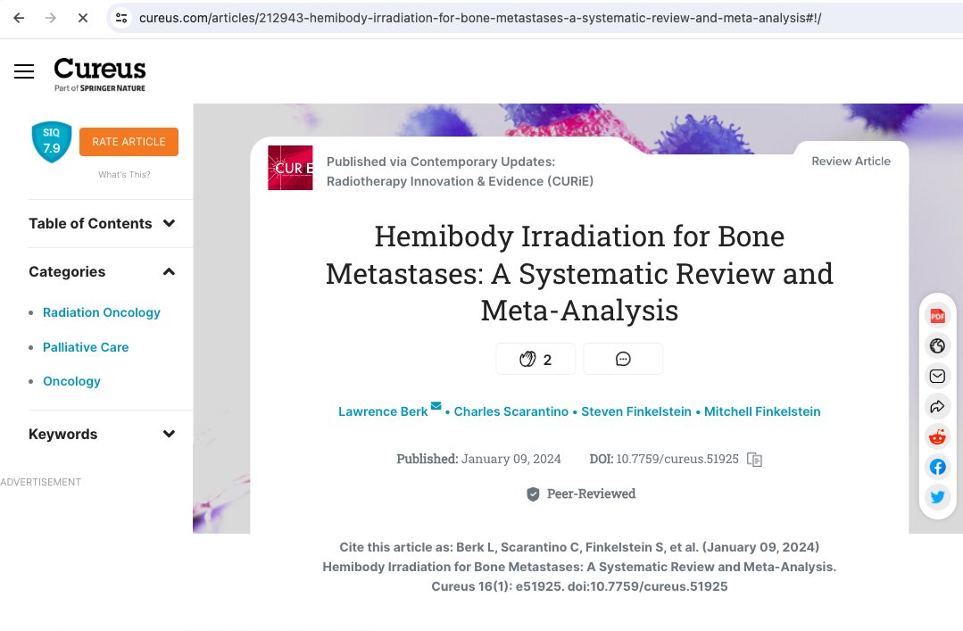 The first article is published on #CURiE, ACRO's cutting-edge #radonc publication through the @CureusInc! Check out 'Hemibody Irradiation for Bone Metastases: A Systematic Review and Meta-Analysis' here: cureus.com/articles/21294…