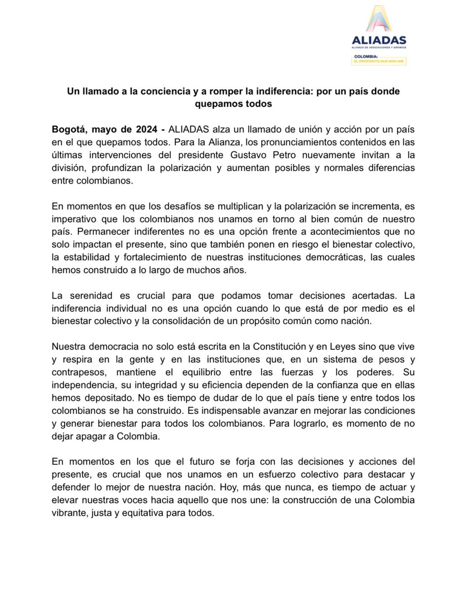 Ante las recientes declaraciones del Presidente Petro, hacemos un llamado al jefe de estado para  garantizar la independencia de los poderes públicos, respetando sus decisiones. Es momento de dejar atrás la división y trabajar juntos por una Colombia donde quepamos todos.
