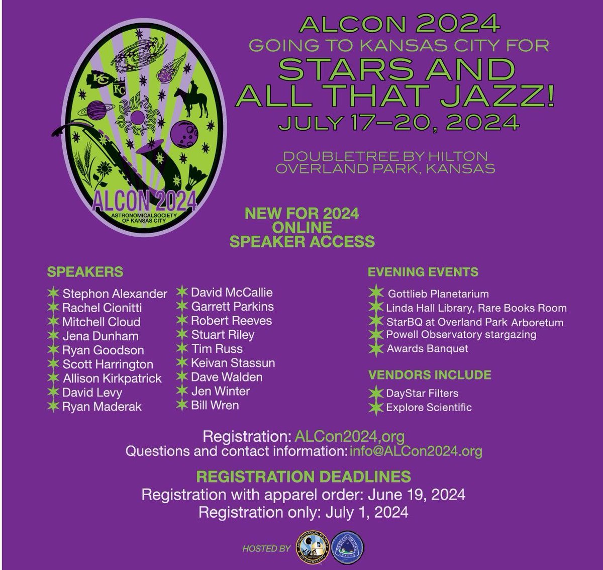 In honor of the Astronomical Society of Kansas City’s 100th anniversary, they would like to invite everyone to join them at ALCon 2024, Stars and All That Jazz!, this July in Kansas City! buff.ly/4bqcxEU