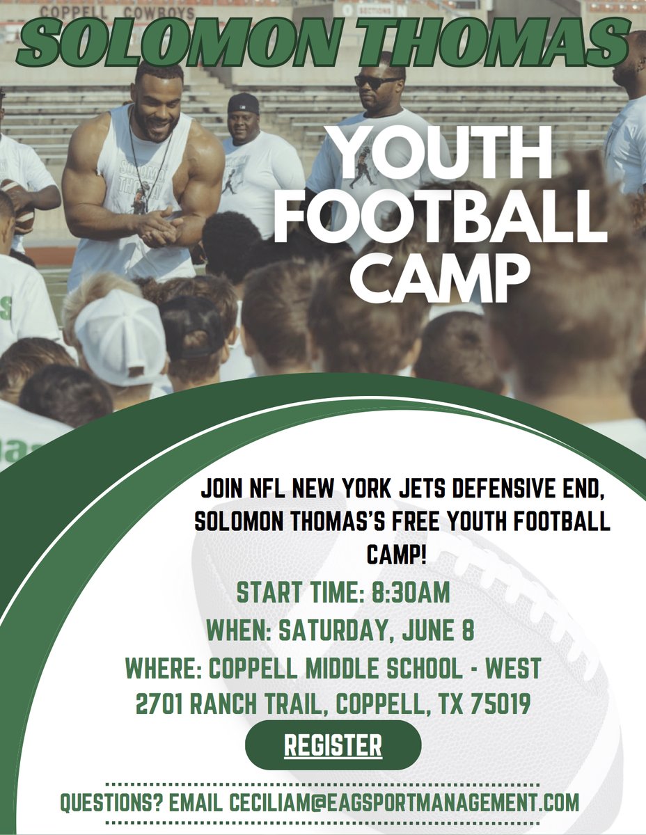 The 4TH ANNUAL FREE YOUTH FOOTBALL CAMP IS JUNE 8TH! You're invited to come learn about football, whole health, meditation, mental health, and leadership through the eyes of @sollythomas90 - an incredibly positive, thoughtful, generous leader! Link in bio!