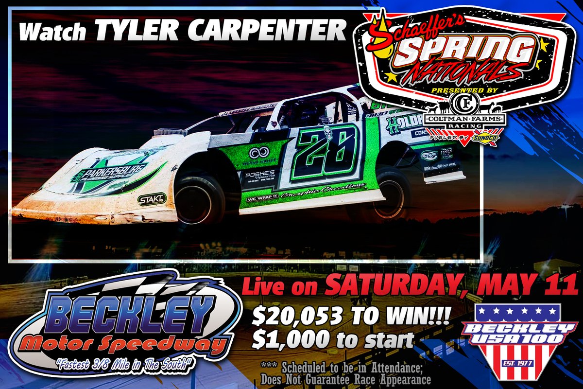 Watch @tycarpenter28 vie for the $20,053 top prize with the @SchaefferOil #SpringNationals in the annual Beckley USA 100 on Saturday, May 11 at Beckley Motor Speedway! If you are unable to make the trip to Mount Hope, West Virginia, watch every lap LIVE on @FloRacing. 🏁
