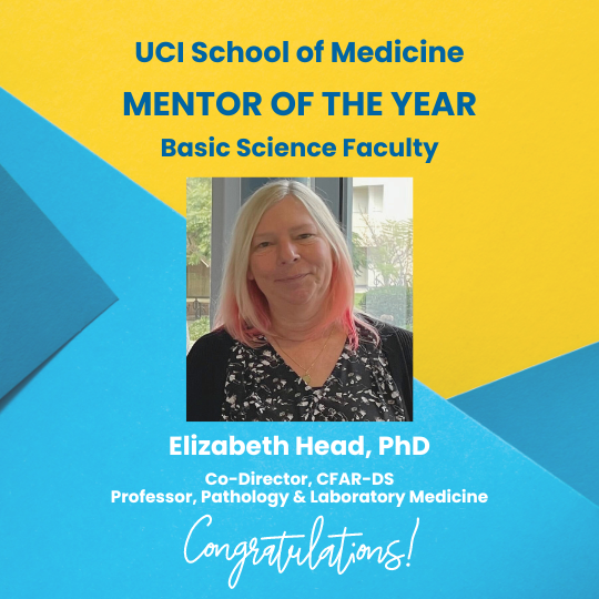 UCI Center for Aging Research in Down Syndrome (@uci_cfar_ds) on Twitter photo Another award for CFAR-DS leadership! Dr. Head <a href="/ElzHead/">Dr. Elizabeth Head</a> is the 2024 UCI School of Medicine <a href="/UCIMedSchool/">UC Irvine School of Medicine</a> Basic Science Faculty Mentor of the Year! Dr. Head and other mentors will be honored next month. Congrats to Dr. Head on this well-deserved honor. #downsyndrome #research Another award for CFAR-DS leadership! Dr. Head <a href="/ElzHead/">Dr. Elizabeth Head</a> is the 2024 UCI School of Medicine <a href="/UCIMedSchool/">UC Irvine School of Medicine</a> Basic Science Faculty Mentor of the Year! Dr. Head and other mentors will be honored next month. Congrats to Dr. Head on this well-deserved honor. #downsyndrome #research
