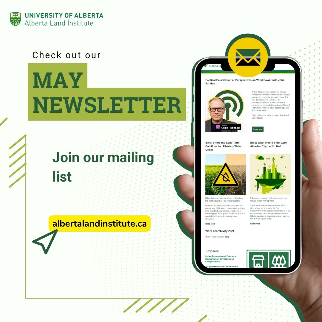 Our May newsletter is out! Make sure to sign up on our website for monthly updates on podcast episodes, blog posts, research and more!
albertalandinstitute.ca/subscribe

#AlbertaLandInstitute #UAlberta #LandUse #ABLandUse #ResearchScienceInstitute #ClimateResearch #EnvironmentalScience