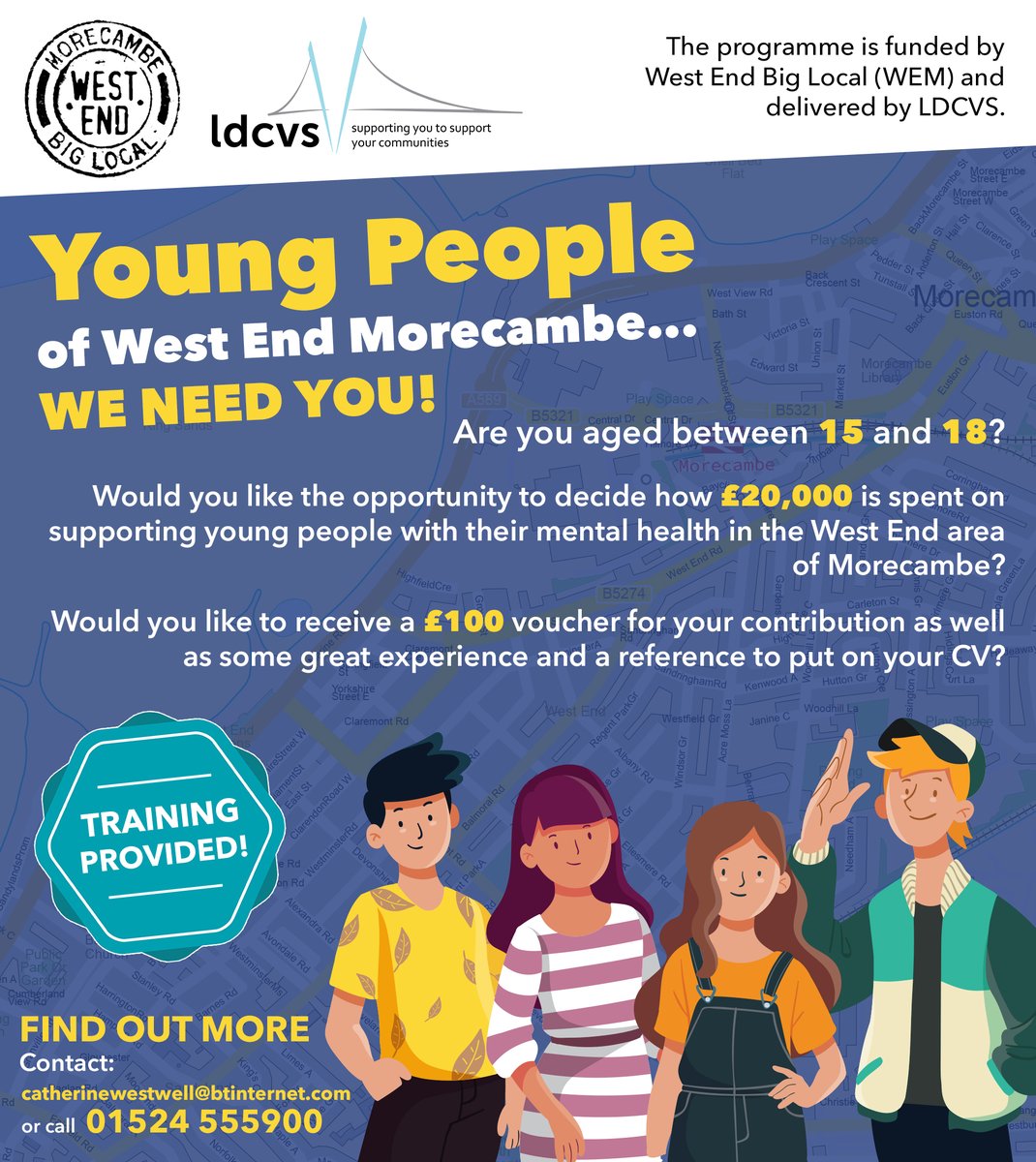 📢 Calling young leaders in West End #Morecambe! Shape the future of mental health support with £20k at your fingertips. Get involved, gain experience, and earn rewards! Email catherinewestwell@btinternet.com or call 01524 555900 for more🌟 #YouthLeadership #MentalHealthSupport