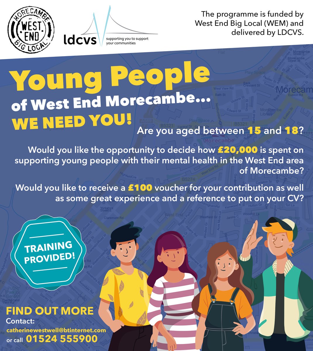 Lancaster District CVS (@lancastercvs) on Twitter photo 📢 Calling young leaders in West End #Morecambe! Shape the future of mental health support with £20k at your fingertips. Get involved, gain experience, and earn rewards! Email catherinewestwell@btinternet.com or call 01524 555900 for more🌟 #YouthLeadership #MentalHealthSupport 📢 Calling young leaders in West End #Morecambe! Shape the future of mental health support with £20k at your fingertips. Get involved, gain experience, and earn rewards! Email catherinewestwell@btinternet.com or call 01524 555900 for more🌟 #YouthLeadership #MentalHealthSupport
