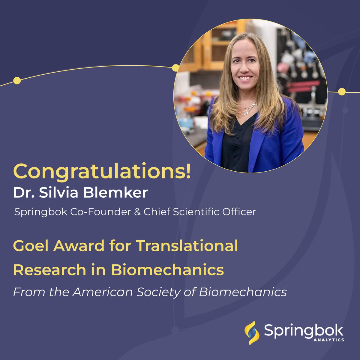 Join us in congratulating our Co-Founder Silvia Blemker, who was awarded the Goel Award for Translational Research in Biomechanics by the American Society of Biomechanics.

Dr. Blemker is the first woman to win this award.

#WomenInSports #WomenInTech
