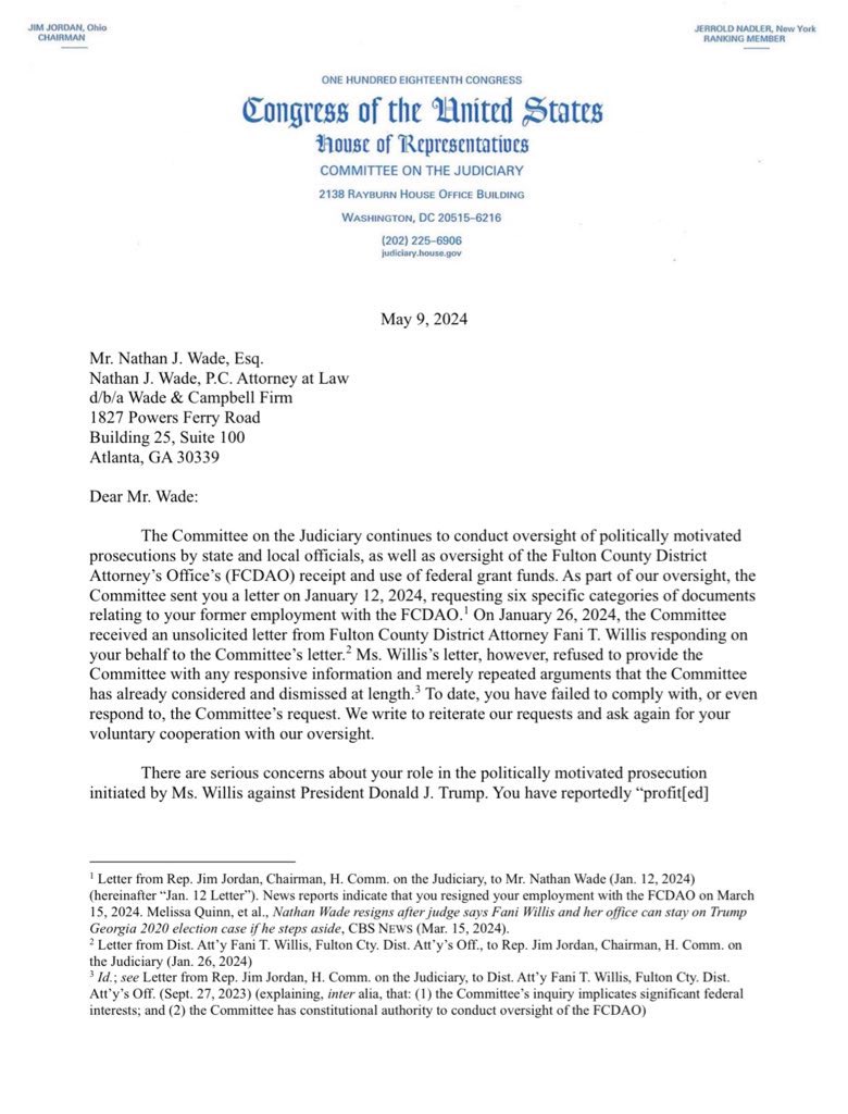 Today we invited Nathan Wade to appear for a transcribed interview before the House Judiciary Committee. His role in the case against President Trump in Georgia cannot go unquestioned.