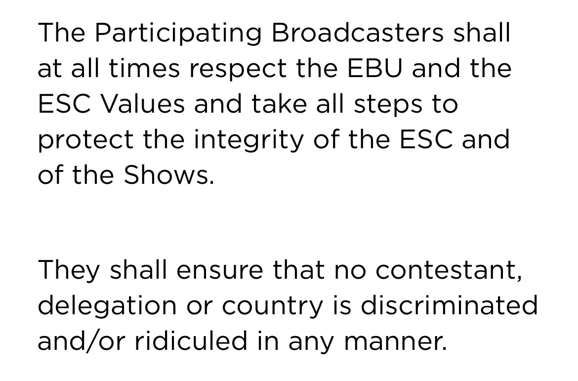 🇮🇱 KAN violates Eurovision’s ‘Rules of the Contest 2024’, which states that participating broadcasters “shall ensure that no contestant, delegation or country is discriminated and/or ridiculed in any manner.” 🔗 eurovision.tv/about/rules #BanIsraelFromEurovision