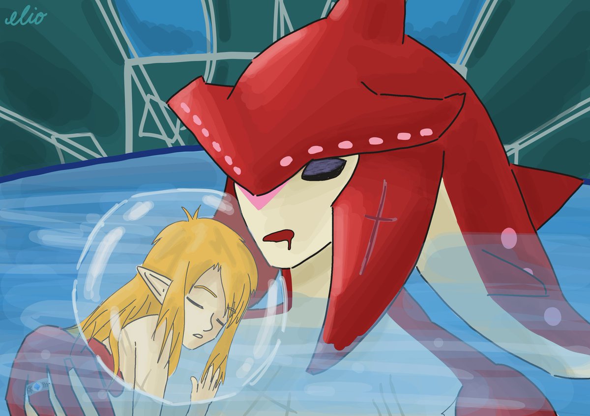 #zoramay prompt: water magic

redraw of sidon using his cool sage powers to nap w link in the pristine sanctum >u< #sidlink