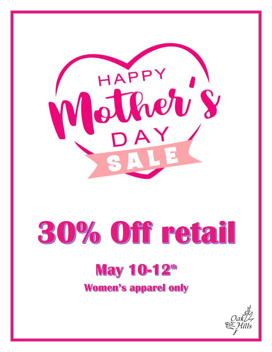 🌸🛍️ Mother's Day Sale Alert! 🛍️🌸 Spoil Mom with style this weekend at Oak Hills Country Club! Enjoy exclusive discounts on chic women's apparel. Don't miss out! 💖 #MothersDaySale #OakHillsCC