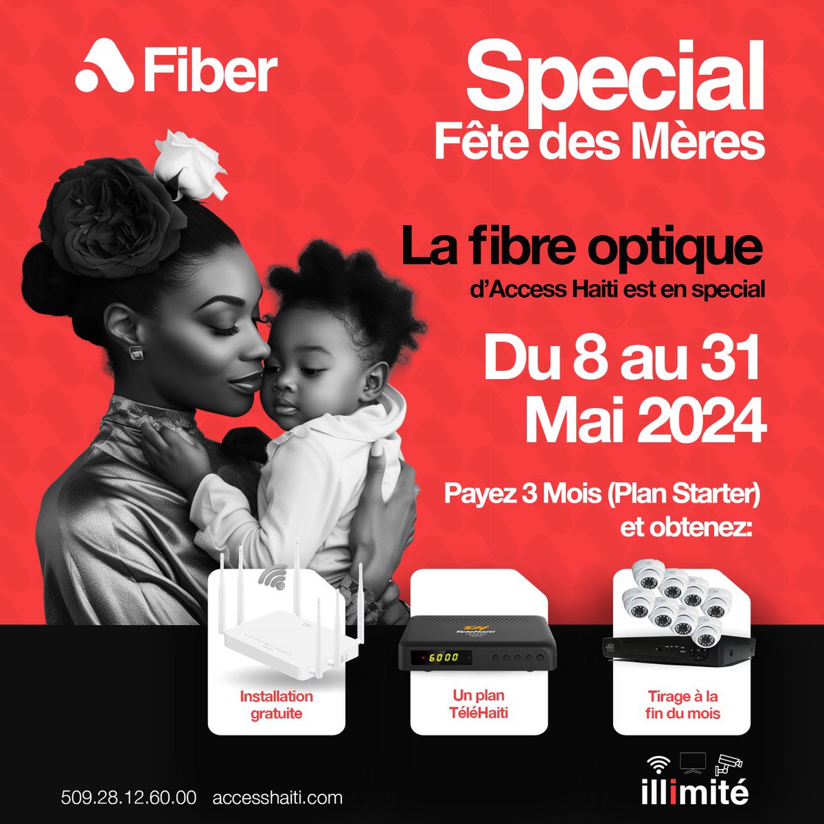 Cette Fête des Mères, choisissez Access Haiti pour une connexion rapide comme l'amour d'une mère. 💕🌐 Découvrez notre offre spéciale du 8 au 31 mai. #AmourRapide #FibreOptique