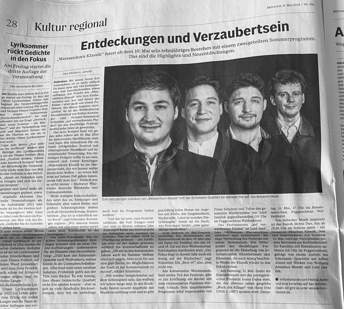 “Entdeckungen und Verzaubertsein” - ein wunderbarer Titel für die bevorstehenden Tage beim Weissenhorn Klassik Festival 🤩
Wir bedanken uns bei Florian Arnold für das Gespräch und diesen tollen Artikel, erschienen in der Neu-Ulmer Zeitung 🗞️ <a href="/AZ_Augsburg/">AugsburgerAllgemeine</a>