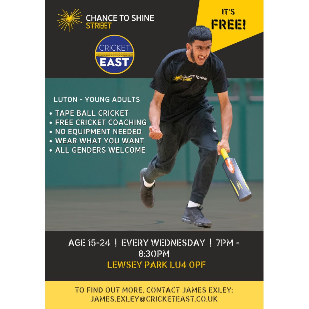 Lots of cricket happening in Luton! 🔥 Check out these two Street sessions: Young adults (ages 15-24) @7-8.30pm every Wednesday. Youth (ages 8-14) @6-7.30pm every Wednesday. Both at Lewsey Park 🏏
