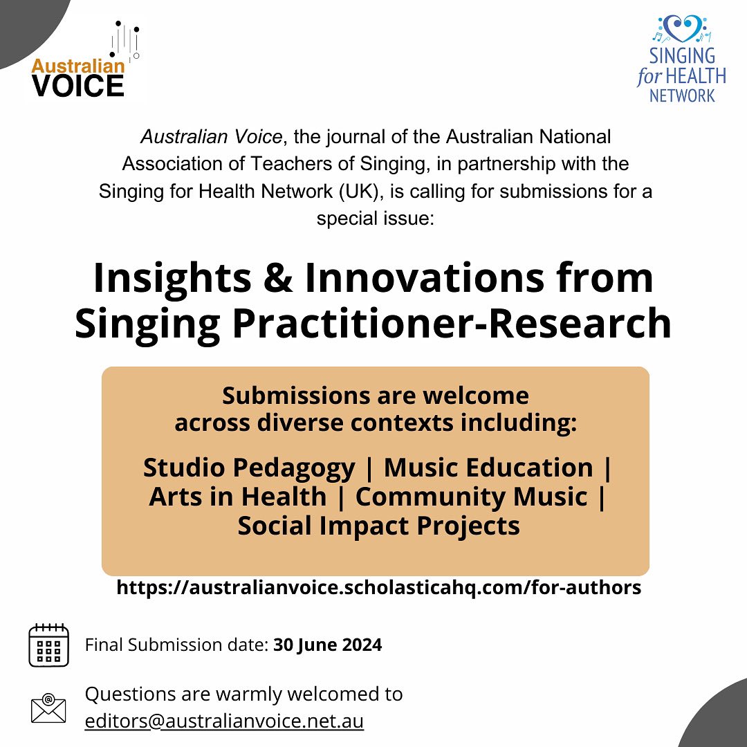 Fantastic opportunity for Singing Practitioner-Researchers! This special issue spotlights practitioner-research within the field of singing voice research, from studio pedagogy to singing groups for health and wellbeing. australianvoice.scholasticahq.com/for-authors @StephenClift @artsinhealthUS
