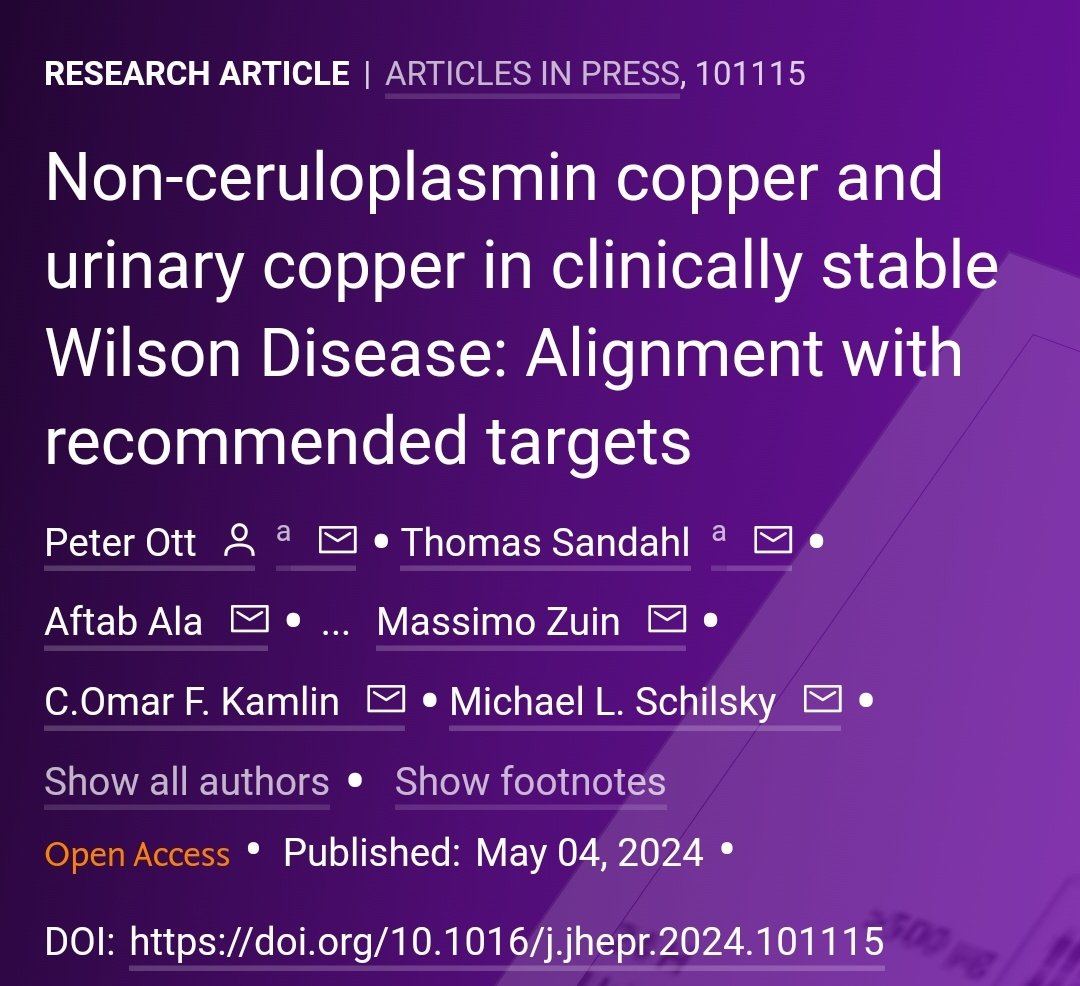 🟪NEW Article in press❕ Non-ceruloplasmin copper and urinary copper in clinically stable Wilson Disease: Alignment with recommended targets 🔓#OpenAccess at👉 jhep-reports.eu/article/S2589-… #LiverTwitter #LiverHealth