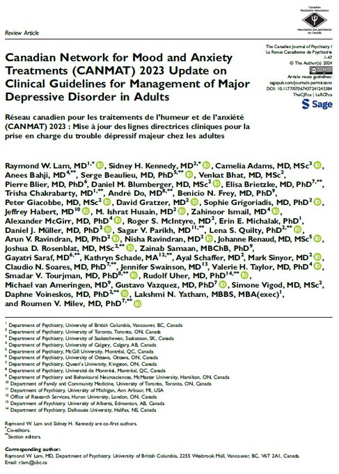 By Nisha Ravindran - Honoured to be a co-author in the recently published @CANMAT_org Depression Guidelines! Very pleased to be part of the CANMAT team! Most of all, a huge thank you to a true mentor and leader, @DrRaymondLam journals.sagepub.com/doi/epub/10.11…