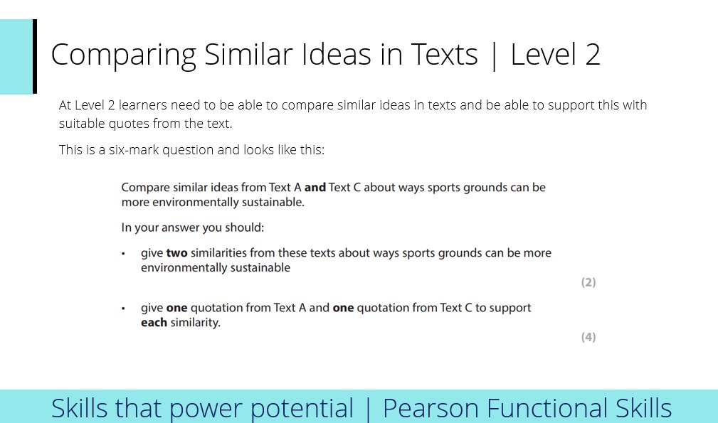 Was asked about comparing similar ideas in L2 #FunctionalSkills Reading today. So I put some slides together.
#Pearson
#EnglishFE
#Apprenticeships