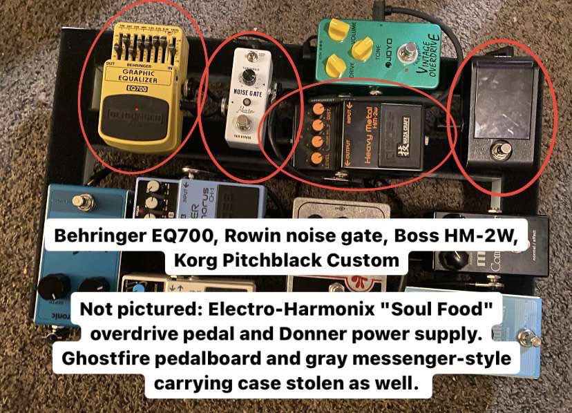 🚨🚨🚨HEY!!!!!!! @indi3jesus had their car gone through last night and had their precious fucking guitar stolen, along with their pedalboard and wallet. if you see ANY OF THESE ITEMS for sale on facebook marketplace, craigslist, or at a pawn or music store, LET US KNOW!!!!!🚨🚨🚨