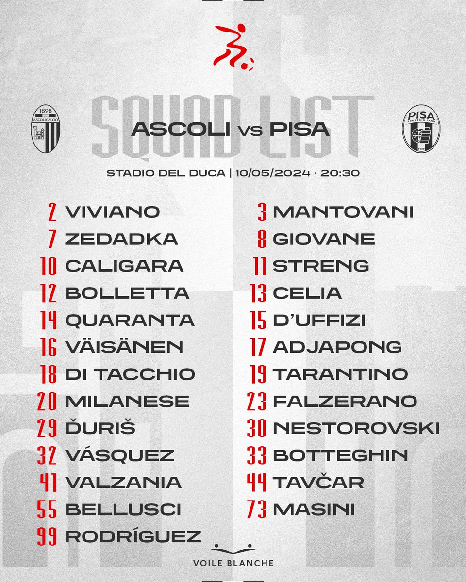 𝙎𝙌𝙐𝘼𝘿 𝙇𝙄𝙎𝙏 • 𝗔𝗦𝗖𝗢𝗟𝗜 - 𝗣𝗜𝗦𝗔 Sono 25 i convocati di Mister Carrera per Ascoli-Pisa, in programma domani, venerdì 10 maggio, alle ore 20:30, al Del Duca di Ascoli. 🔗 ascolicalcio1898.it/25-i-convocati…