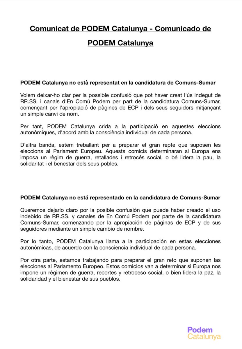 <a href="/SomComuns/">Comuns</a> , marca de #Sumar en Cataluña, engaña a la ciudadanía catalana.
<a href="/PODEMOS/">Podemos</a> no se presenta a las elecciones el domingo. Por esto y como integrante de la dirección de <a href="/podem_cat/">PODEM</a> difundo este comunicado hecho público por nuestro Partido. 
Sí en europeas con <a href="/IreneMontero/">Irene Montero</a>.