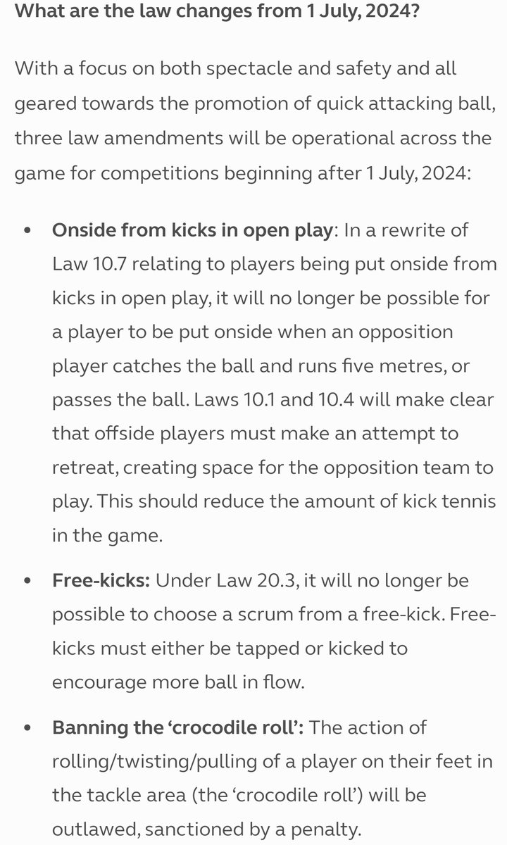 Socials are already blowing up in debate on the rule changes released by @WorldRugby These are the main changes but more details on red card process as well as sanctions for foul play. ➡️Are scrums being depowered? ➡️Crocodile rolls should have been banned a while back