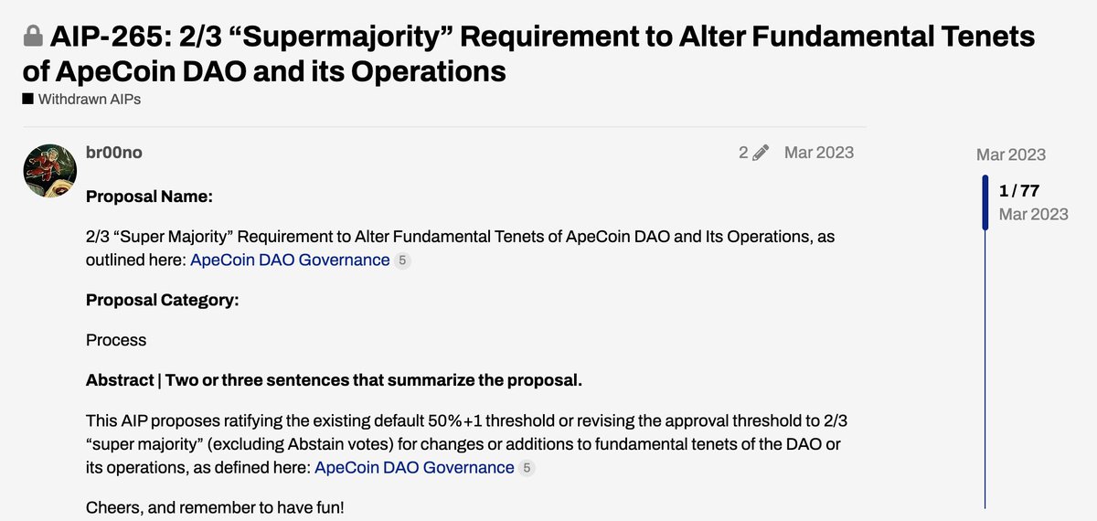 What I Learnt at @apecoin | 9 May As I'm building #APE_U with @opencampus_xyz and @ApeCoinGWG, I'm gonna be #learninginpublic as I share what I am learning about DAO governance. Today's topic by @psychprofits is from a year ago and about DAO voting mechanics. 🤔 Read to