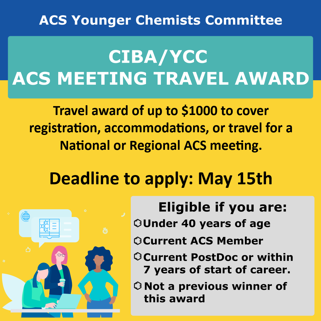 Are you a younger chemist headed to the ACS Fall 2024 meeting in Denver or an upcoming regional meeting? Apply for the CIBA/YCC ACS Meeting Travel Award by May 15! 

acsycc.org/awards/ciba-tr…