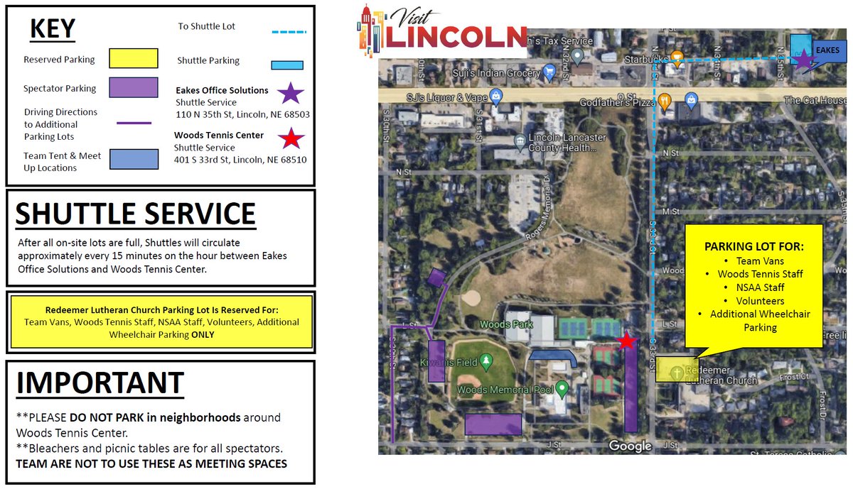 Attending the Class B Girls State Tennis Championships on May 20-21? Check out the Woods Tennis Center parking map and utilize the shuttle service when the spectator parking lots are full. #nebpreps