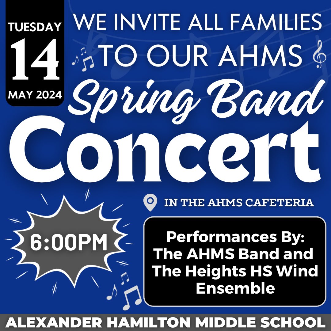 Alexander Hamilton MS HISD (@hamiltonms1) on Twitter photo Announcement: Our AHMS Band is Hosting their ‘Spring Concert’ on May 14, 2024 at 6:00pm.
#HamiltonMiddleSchool
<a href="/MrsAgnew18/">Coach A M.Ed</a> <a href="/HoustonISD/">Houston ISD</a> @HISDCentral @TeamHISD <a href="/BrettStidham/">Brett Stidham</a> <a href="/petecarter3/">Erika Carter</a> <a href="/MrsAguasTweets/">Tricia N. Aguas</a> <a href="/JobsonMath/">mathTECHmatics</a> Announcement: Our AHMS Band is Hosting their ‘Spring Concert’ on May 14, 2024 at 6:00pm.
#HamiltonMiddleSchool
<a href="/MrsAgnew18/">Coach A M.Ed</a> <a href="/HoustonISD/">Houston ISD</a> @HISDCentral @TeamHISD <a href="/BrettStidham/">Brett Stidham</a> <a href="/petecarter3/">Erika Carter</a> <a href="/MrsAguasTweets/">Tricia N. Aguas</a> <a href="/JobsonMath/">mathTECHmatics</a>