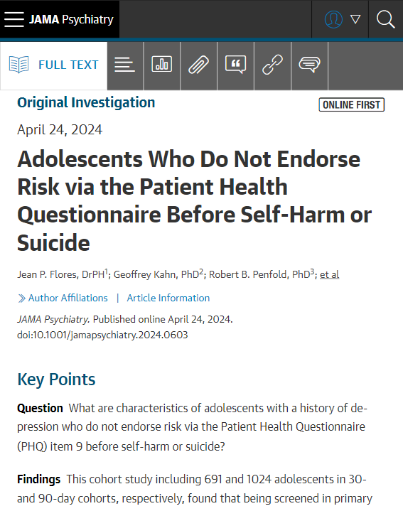 Most viewed in the last 7 days from @JAMAPsych: What are characteristics of adolescents with a history of depression who do not endorse risk via the Patient Health Questionnaire item 9 before self-harm or suicide? ja.ma/4b4TXCO