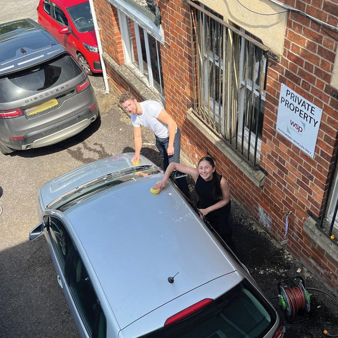 Bright skies calls for brighter deeds! What better way to spend your lunch break than by supporting Young Gloucestershire! Chloe and Alex are rolling up their sleeves as they kick off their charity car wash! 🚗 #SunshineCharityCarWash #RollUpYourSleevesForACause