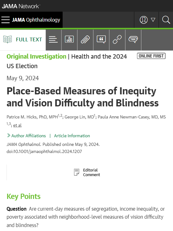 Place-based measures of inequity through segregation, income inequality, or persistent poverty were associated with a greater number of neighborhood residents reporting visual difficulty or blindness. ja.ma/3wDXrgi