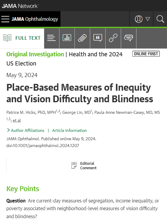 JAMAOphth's tweet photo. Place-based measures of inequity through segregation, income inequality, or persistent poverty were associated with a greater number of neighborhood residents reporting visual difficulty or blindness. https://t.co/R0deYPSQas https://t.co/Cn9y0sBesA
