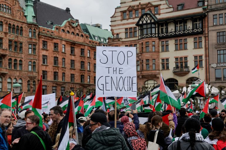 A demonstration was held in Malmo, Sweden to protest Israel's participation in the Eurovision song competition and to demand an end to the genocide in Gaza