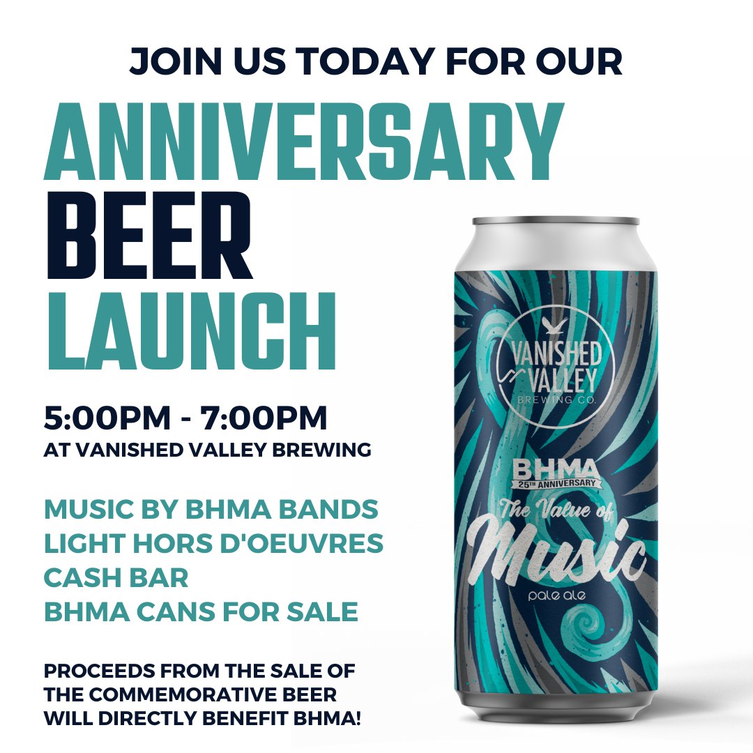 🎉 Today's the day! 🎉 Join us at Vanished Valley Brewing Co. in Ludlow from 5-7pm as we raise a glass to BHMA's 25th Anniversary with the launch of our special brew. Live music, great company, and delicious craft beer await! See you there! 🍻 #BHMA25 #VanishedValley #CraftBeer