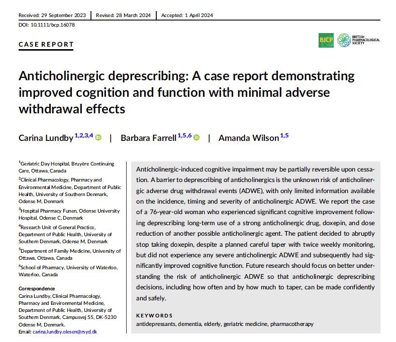 Interesting case report demonstrating the clinical improvements and safety of #deprescribing a strong #anticholinergic drug doxepin: buff.ly/3QEUYJA @CarinaLundby @BarbFarrell8T6 @BritJClinPharm Great use of the ACBcalc online calculator! 💡 buff.ly/3QZXiuX