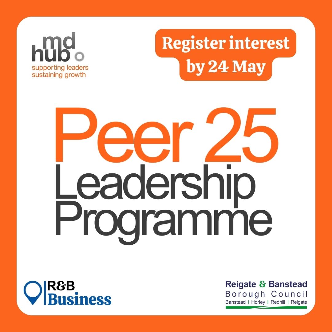 Looking for inspiration to take your business to the next level? Peer 25 is a fully-funded leadership & management programme for businesses in Reigate & Banstead. Delivered by @MDHUB 🔶Register your interest by 24 May🔶 For more information: orlo.uk/XK9nv