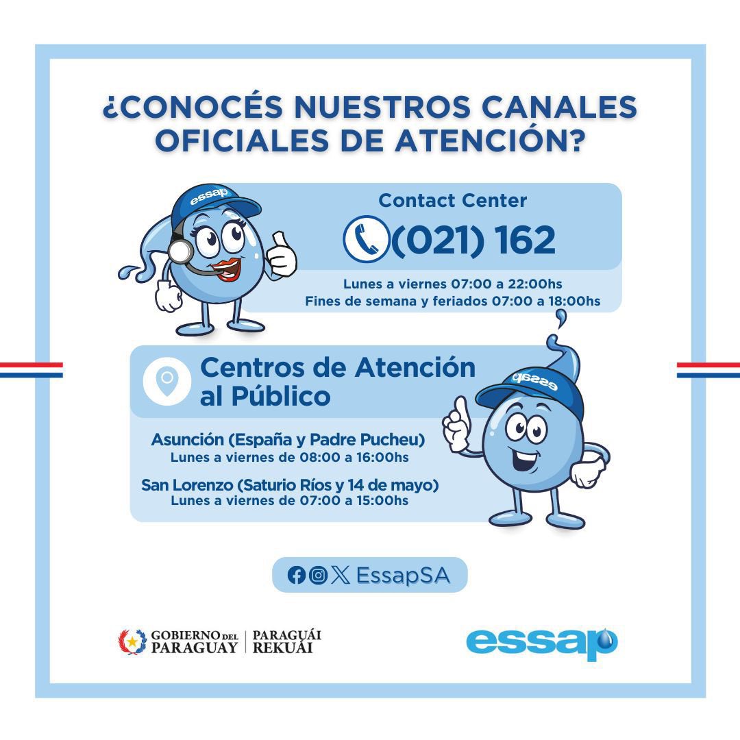 ¡Te recordamos cuáles son nuestros únicos canales oficiales de atención habilitados para consultas y recepción de reclamos! 📞 (021) 162 📍Centros de atención al público #GobiernoDelParaguay
