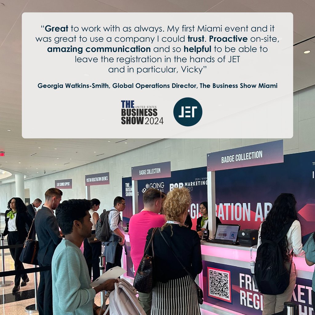 We recently got some great feedback from one of our clients at The Business Show Miami that we wanted to share with you.

Georgia Watkins-Smith, Global Operations Director, had this to say about JET's solutions and onsite service.

Keep up the hard work, #TeamJET! 👏💯