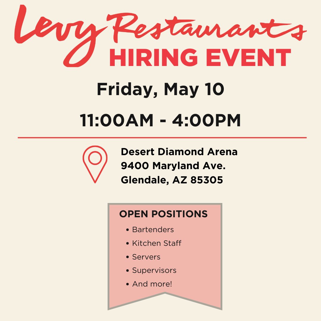 TOMORROW! Levy Restaurants is hosting a hiring event at Desert Diamond Arena on May 10 from 11AM - 4PM. Walk-ins welcome for interviews! Check out more openings and apply at ow.ly/eQak50RvhHL. 

#LevyRestaurants #HiringEvent #Employment #Glendale #Arizona