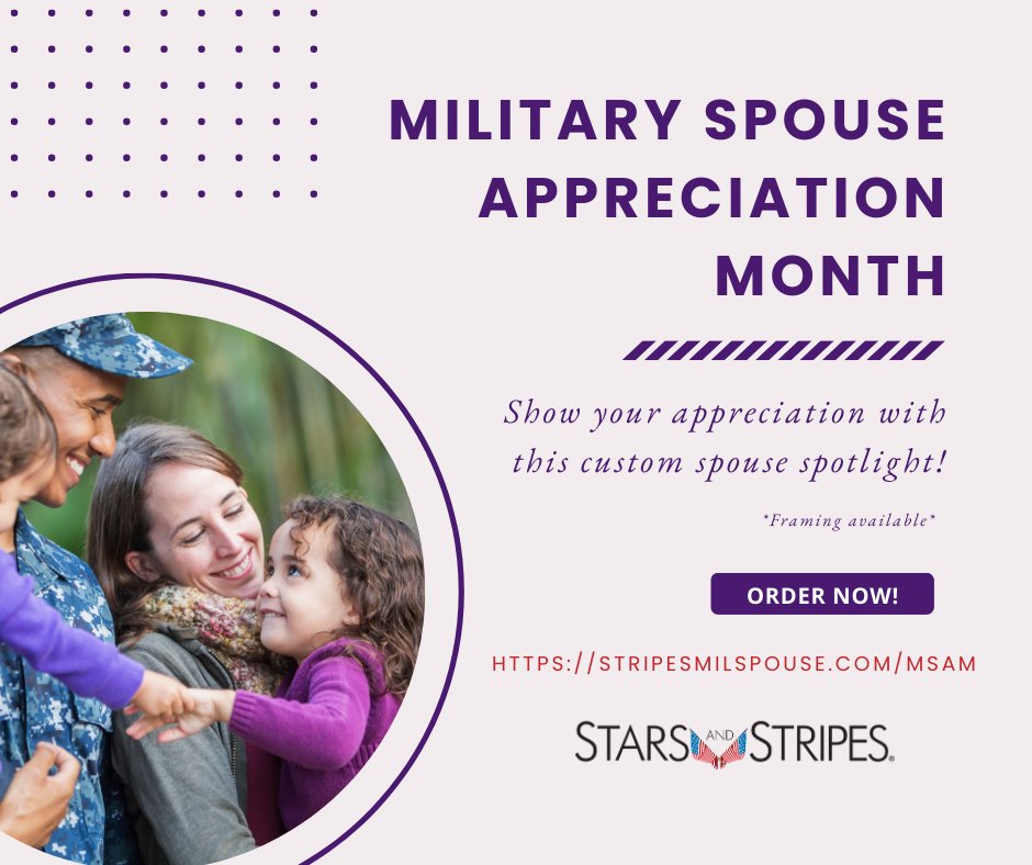May is Military Spouse Appreciation Month! 💜 We've teamed up with U-Haul and are offering customized spouse spotlights! These one-of-a-kind certificates are the perfect way to show your spouse how you appreciate them. Order yours today! stripesmilspouse.com/msam.